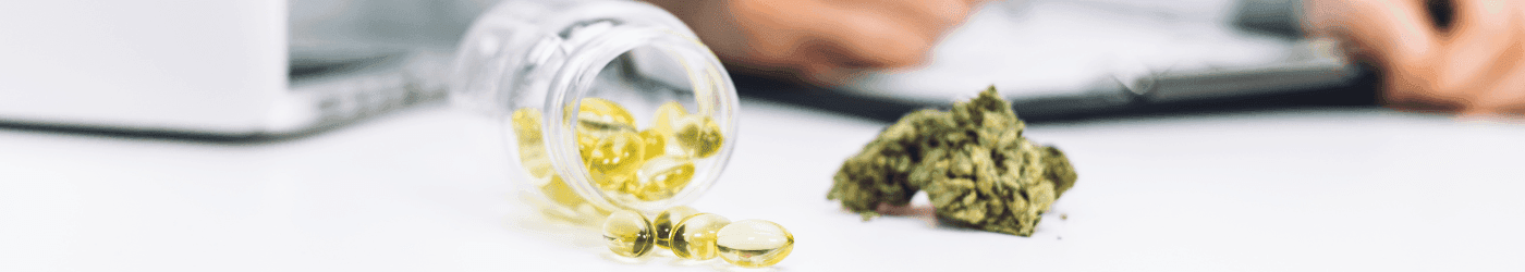 Cannabis Kapseln und Blüten mit Arzt im Hintergrund